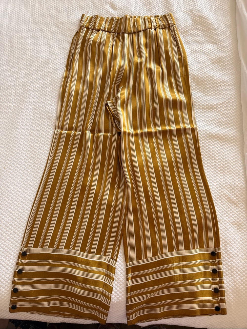 Striped Mustard Wide-Leg Pull-On Pants with Button Cuff
